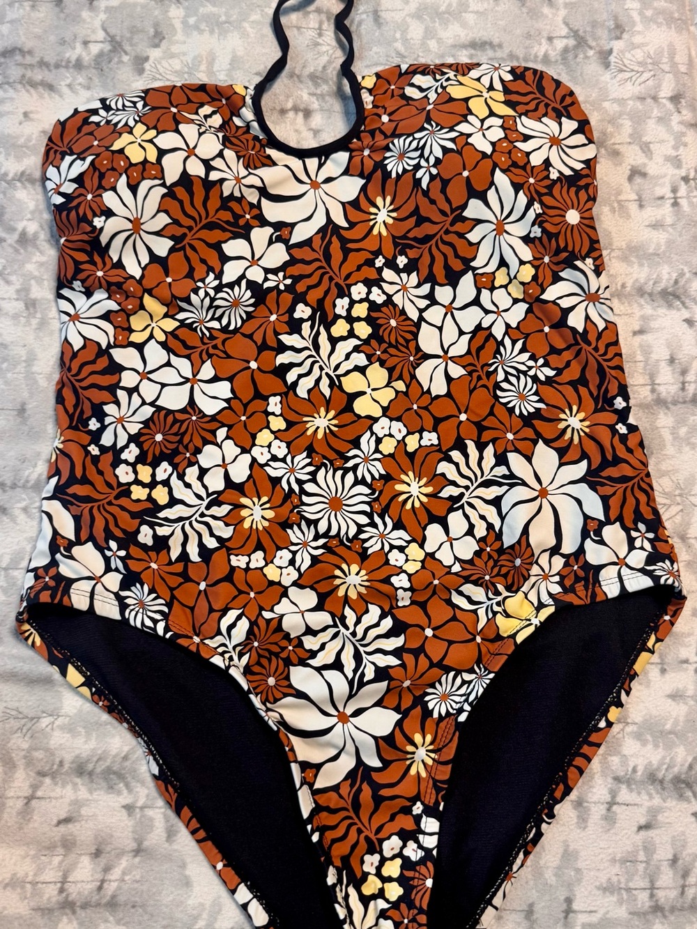 Floral Halter One-Piece Swimsuit - Brown/White Floral